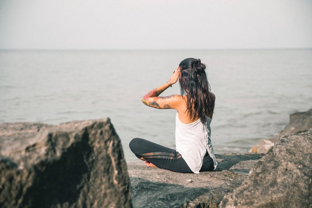 🍎HEALTHY diet and recovery woman sits cross-legged meditates large